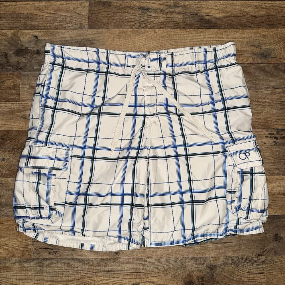 OP Swim Trunks Shorts Mens LG 36-38 White Navy Plaid Board Shorts Pockets Logo